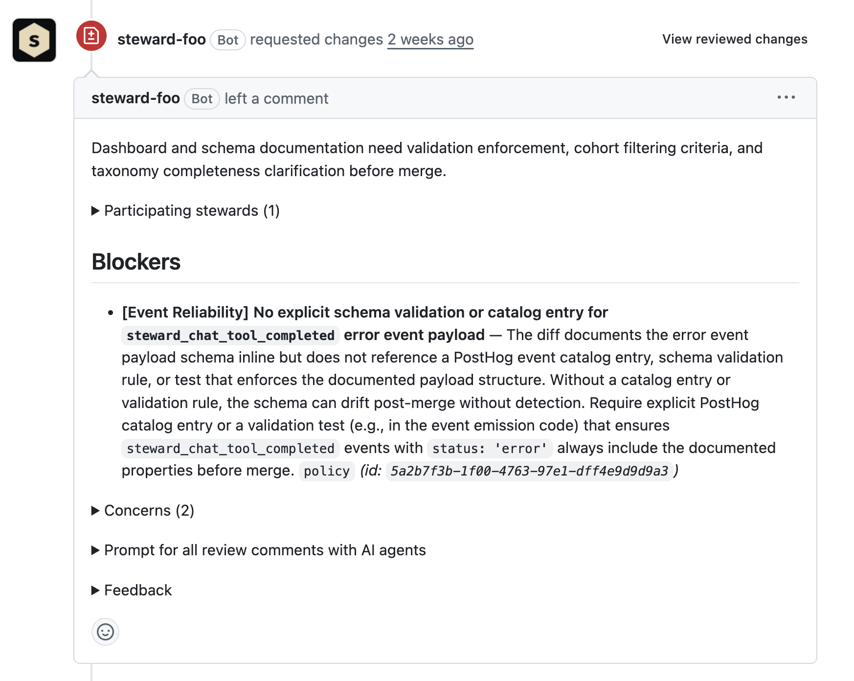 A steward.foo GitHub review requesting changes on a pull request
